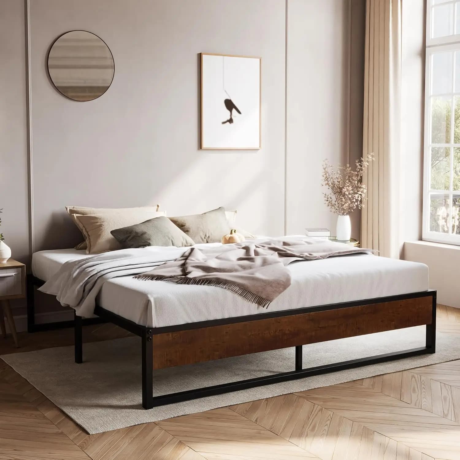 14''' king size metal bed frame with rustic wood, inverse holes, large storage space, easy to mount, no spring net required
