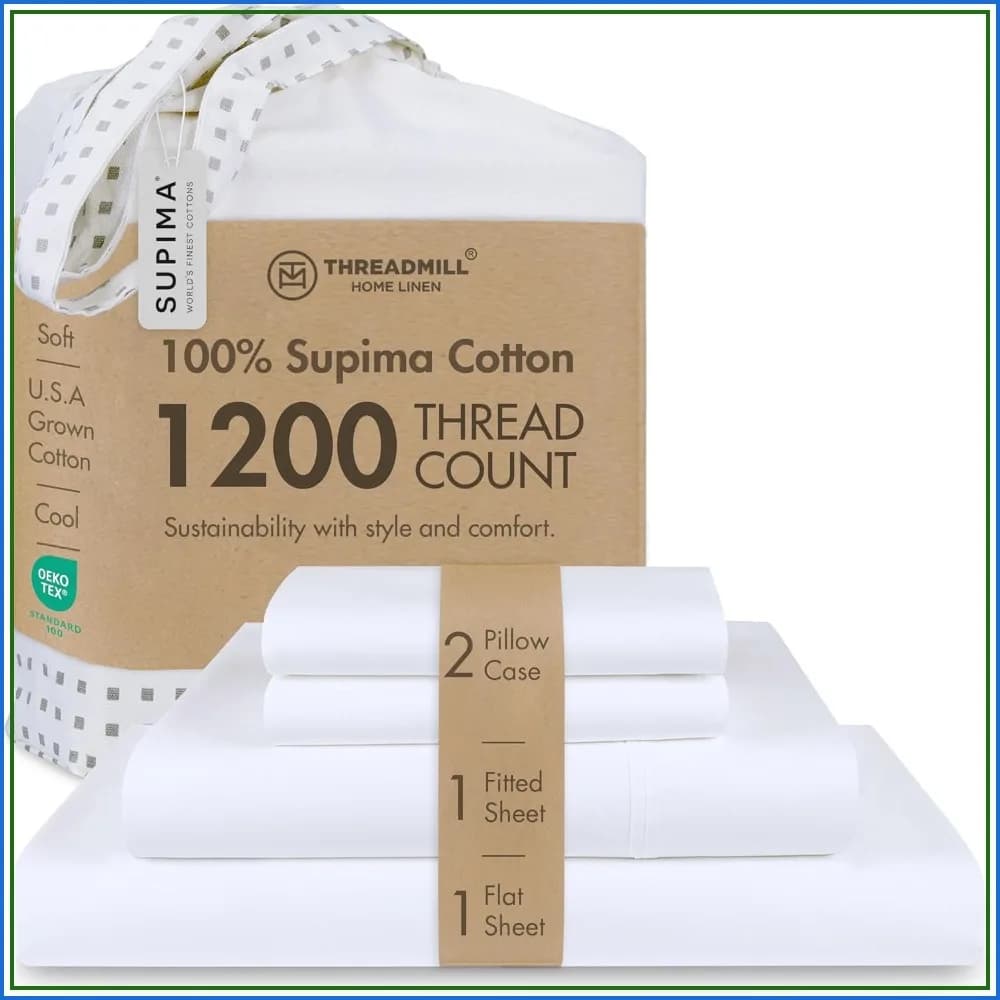 1200 Thread Count Queen Sheet Set, 100% Supima Cotton, 4-Pc Bed Sheets, Deep Pocket, Hotel Quality White