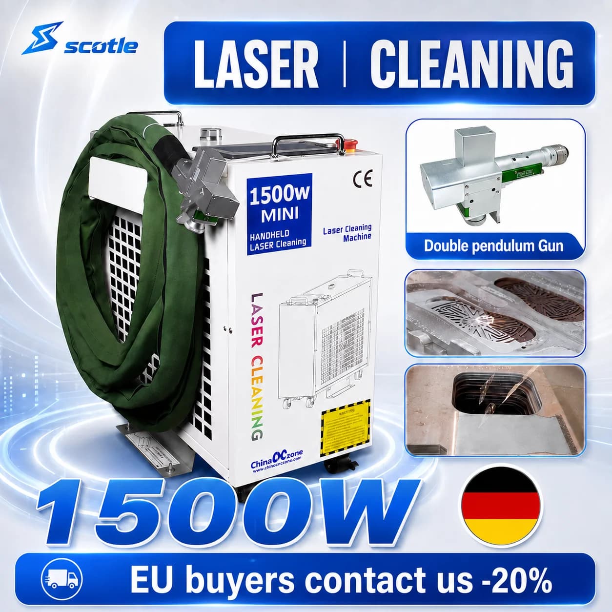 1500 W fiber laser cleaning machine industrial cleaner for rust removal, clean oil paint width, 300 mm Relfar double pendulum head