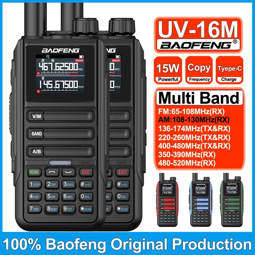 2 Pezzi Baofeng UV-16M V2 15W Radio Ricetrasmittente Tattica a Lungo Raggio Multi-Banda Tipo-C con Copia Frequenza 999 Canali