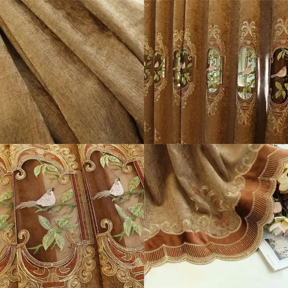 Eleganti Tende Oscuranti al 80% con Uccelli Ricamati, con Occhielli, Marrone, 49x96