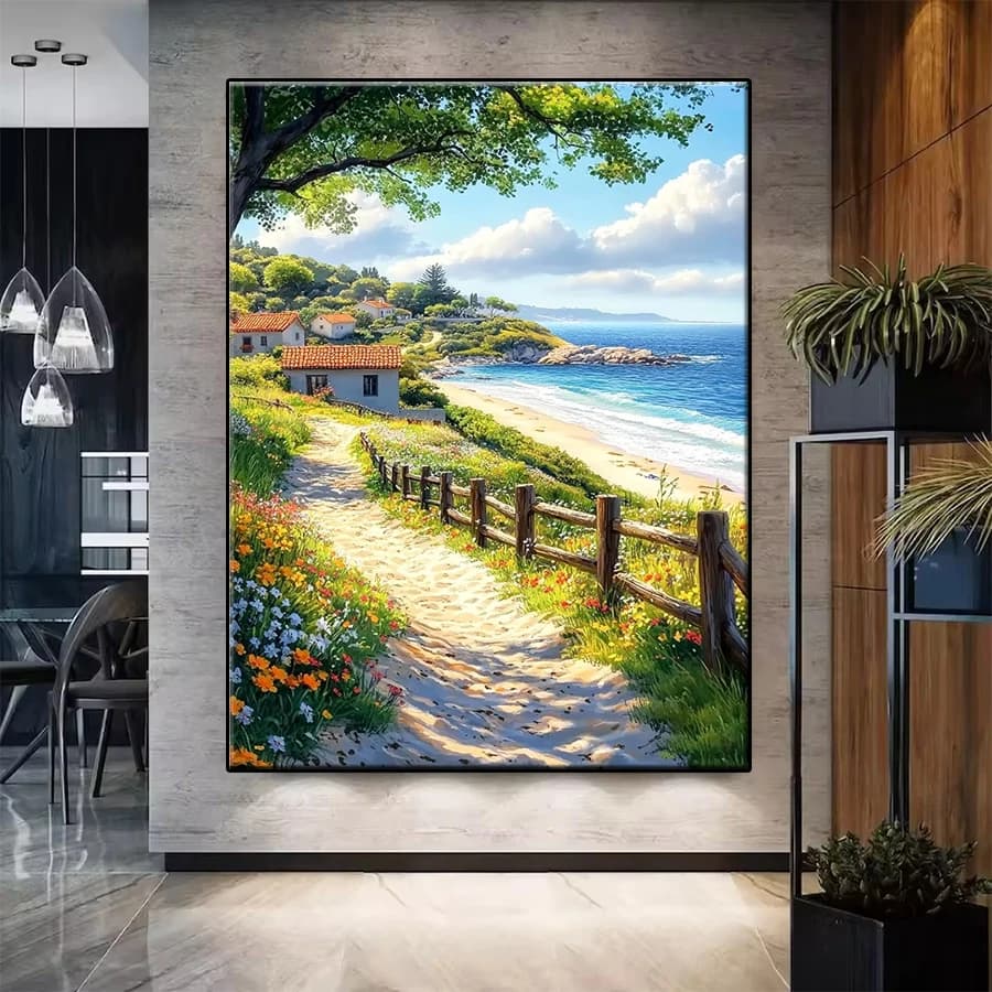 Kit per Diamond Painting: Nuovo Paesaggio con Albero Fiorito, Spiaggia e Casa in Legno, Mosaico di Diamanti, Ricamo per Adulti, Decorazione