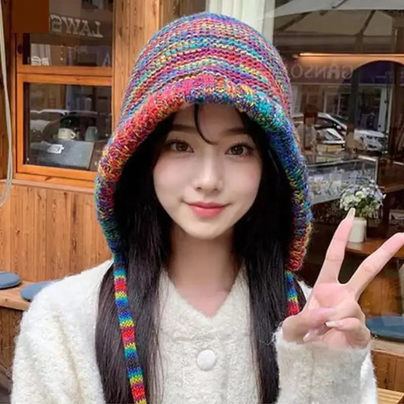 1 pezzo nuovo berretto lavorato a maglia a righe arcobaleno donna ragazza inverno caldo berretto di protezione per le orecchie all'uncinetto guanti da alpinismo