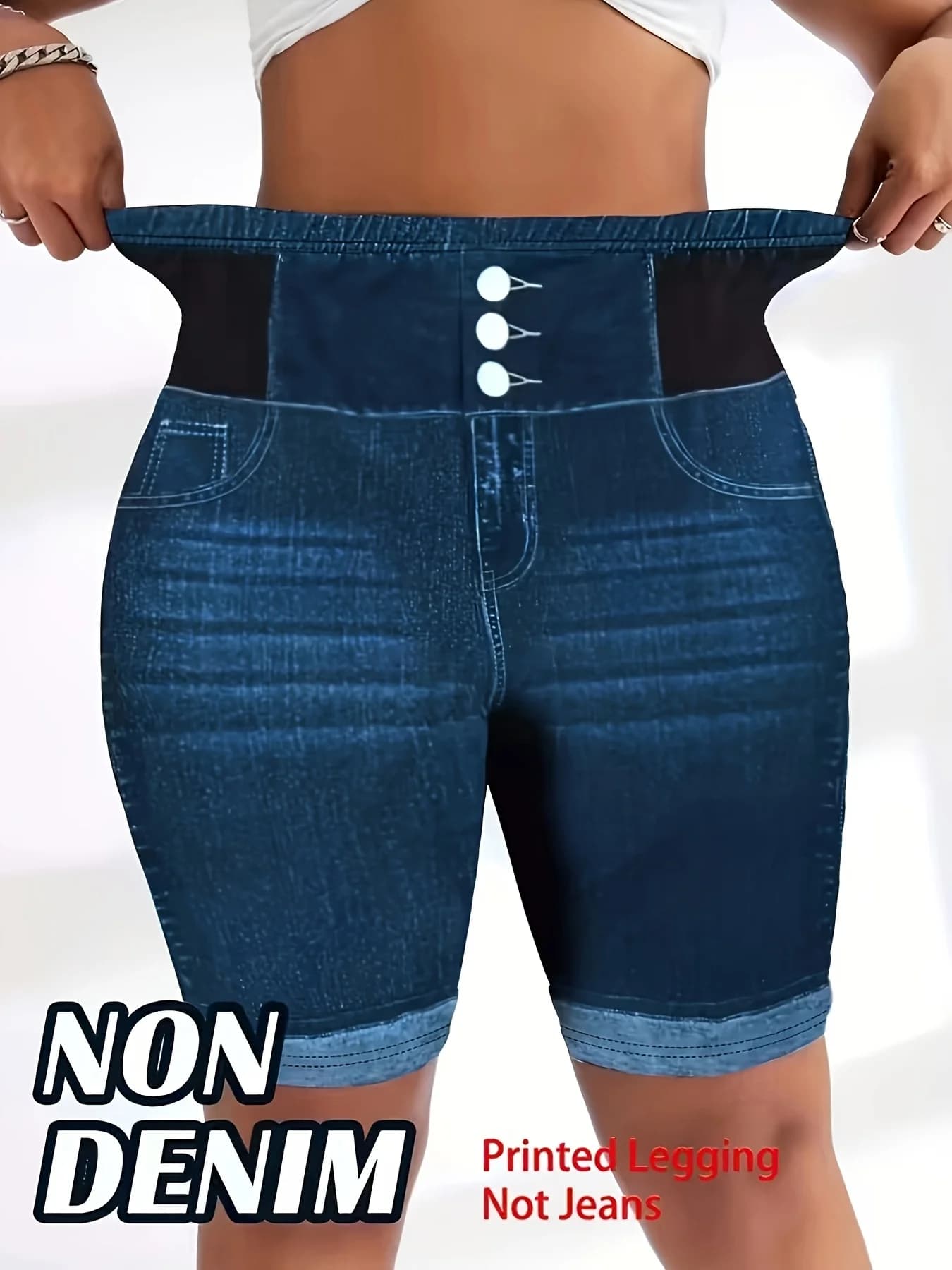 Pantaloncini Biker Modellanti Taglie Forti, Eleganti Pantaloncini da Ciclismo in Finto Denim con 3 Bottoni, Pantaloncini Yoga a Vita Alta Snellenti per Donne Curvy