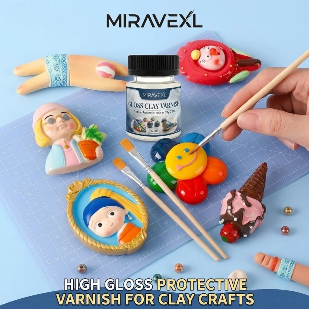 High Gloss Clay Glaze with 2 Brushes, 60ml Varnish for Air Dry & Polymer Clay Projects Shiny Protective Sealant, Non-Toxic