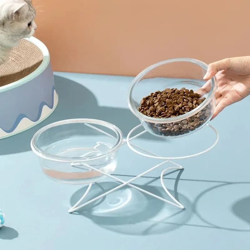 Cat Glass Food Water Bowl Elevated Small Dog Double Drinking Eating Bowls Pet Transparent Feeding Basin with Stand pet supplies
