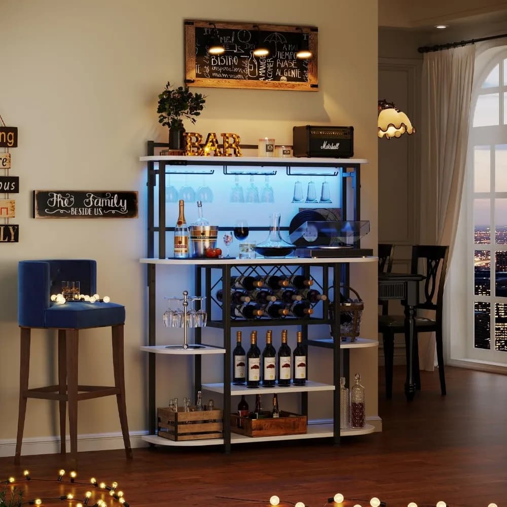 Portabottiglie a LED a 5 livelli con portabicchiere, mobile da bar indipendente per cucina, soggiorno in bianco