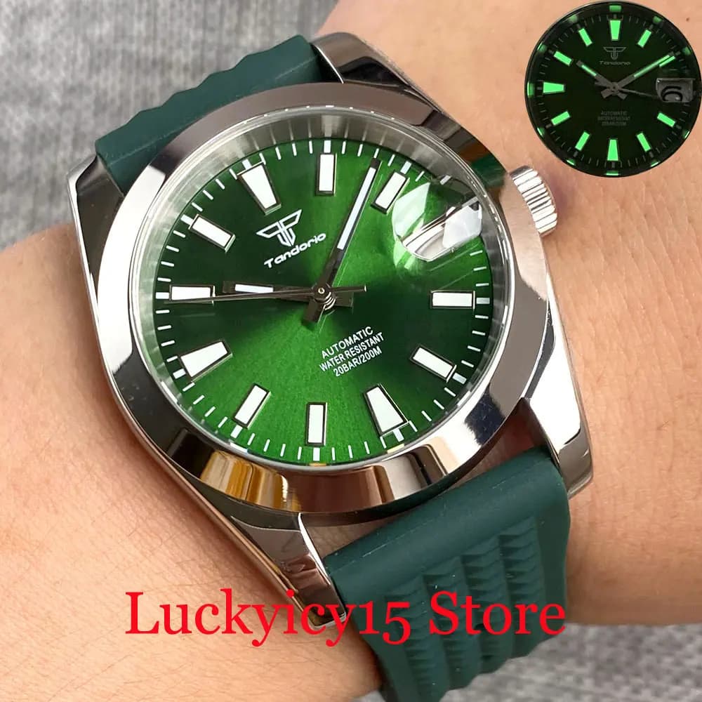 Men's Automatic Watch Tandorio 36MM with Polished Case, Waterproof 200m, Green Dial/Marrone/Blu, Movement NH35A, Sapphire Glass, Rubber Strap