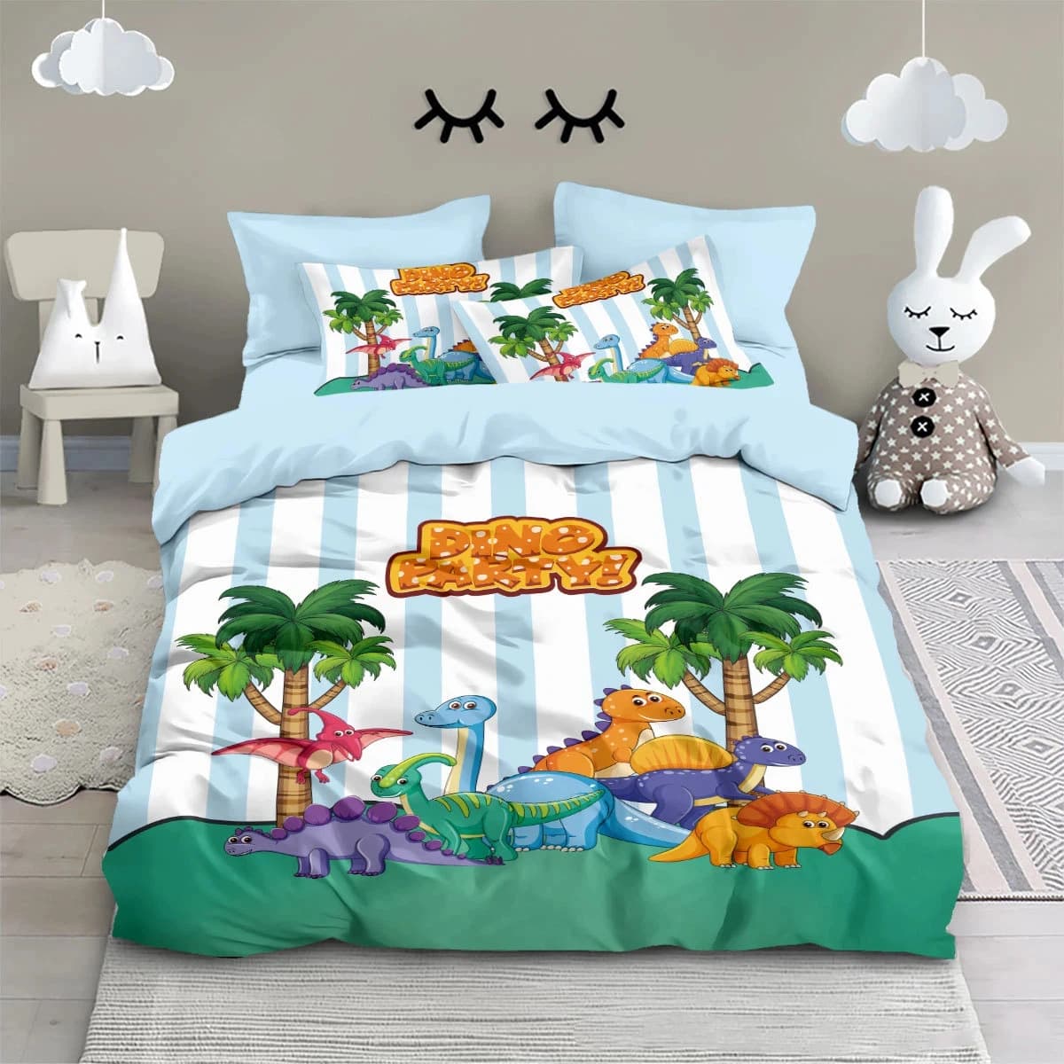 Set di biancheria da letto per bambini e neonati con stampa 3D, set di biancheria da letto con dinosauri dei cartoni animati, set di copripiumini con dinosauri antichi, King Twin Double