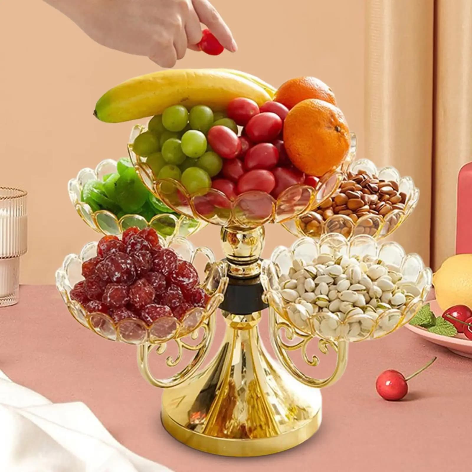 Vassoio espositore per snack con piatto di frutta secca con vassoio da portata per snack a 5 scomparti rotante per caramelle dell'hotel del ristorante della casa del bar