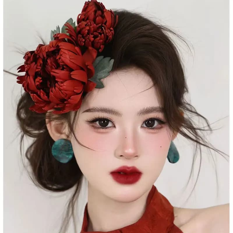 New chinoiserie red artificial flower hairpin bridal wedding headwear
