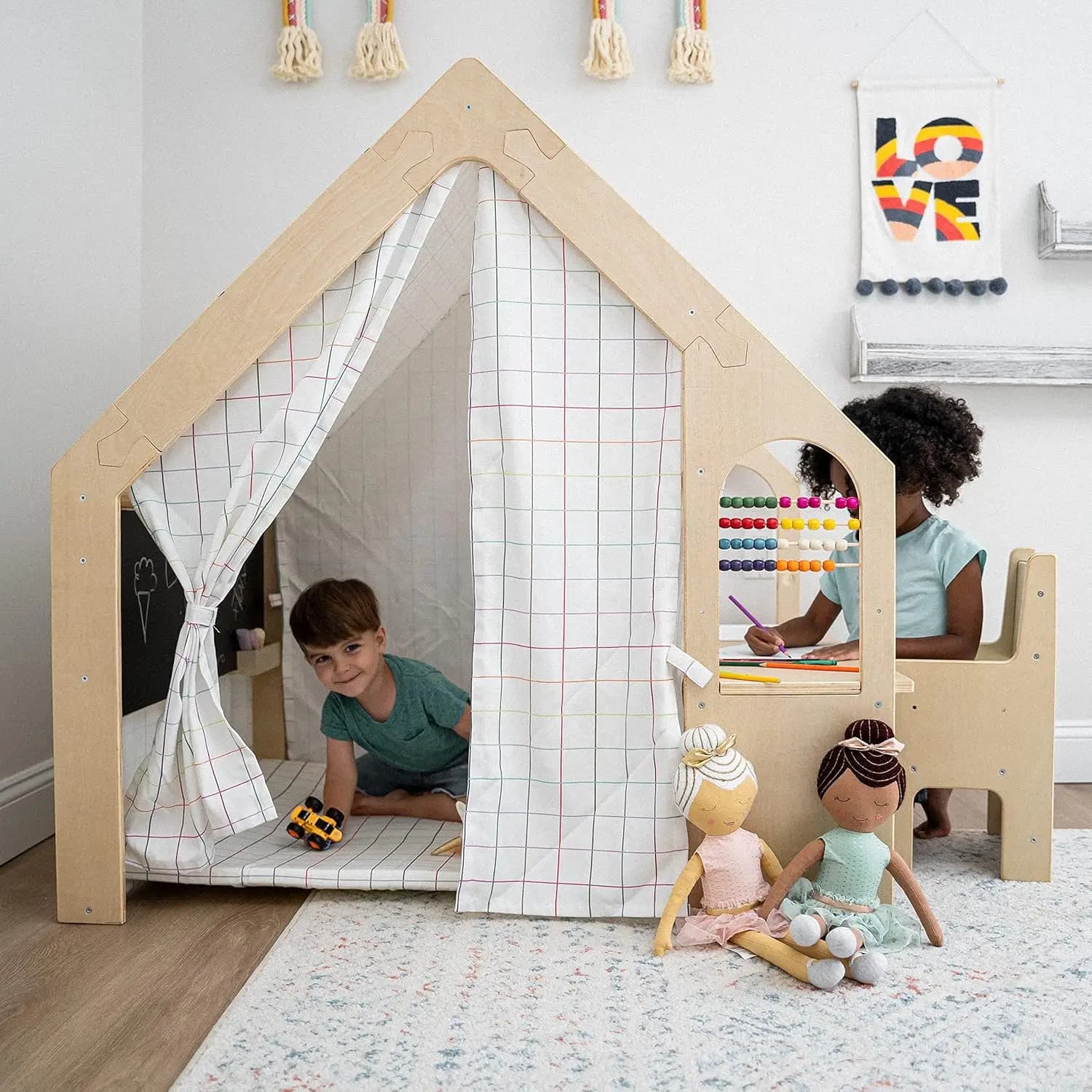 5-in-1 play house for indoors with desk, chair, board, pillow and tent, Waldorf Montessori for children 1-8 years old, large, colorful, customizable