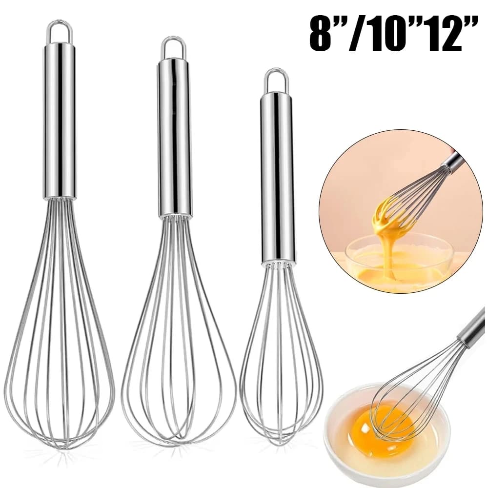 Frusta per Uova in Acciaio Inox 8/10/12 Pollici, Frusta a Palloncino per Latte, Crema e Burro, Mixer Manuale per Impastare e Miscelare, Utensili da Cucina