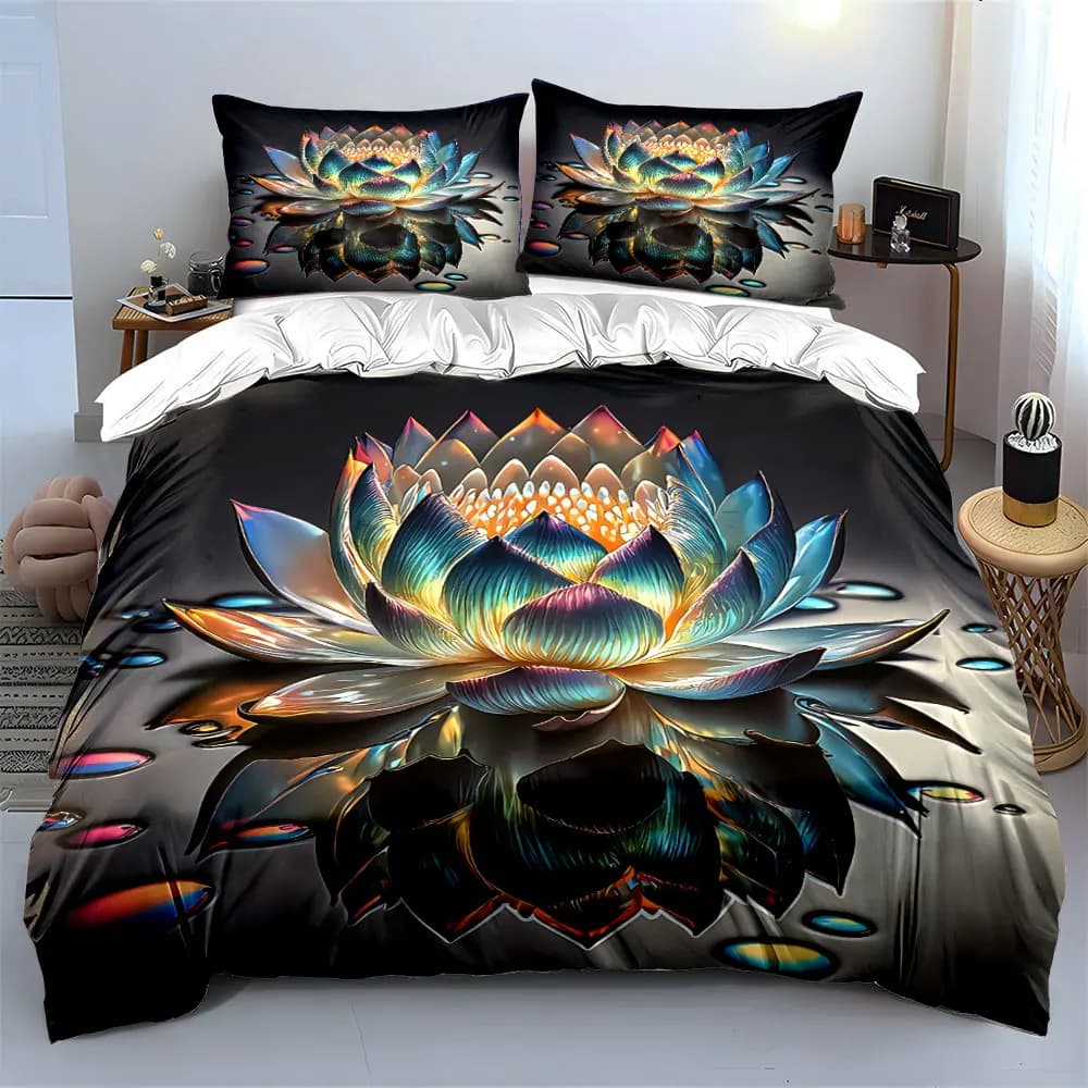 Set decorativo con fiori di loto, set di biancheria da letto morbido e delicato sulla pelle, include 1 copripiumino e 2 federe, regalo