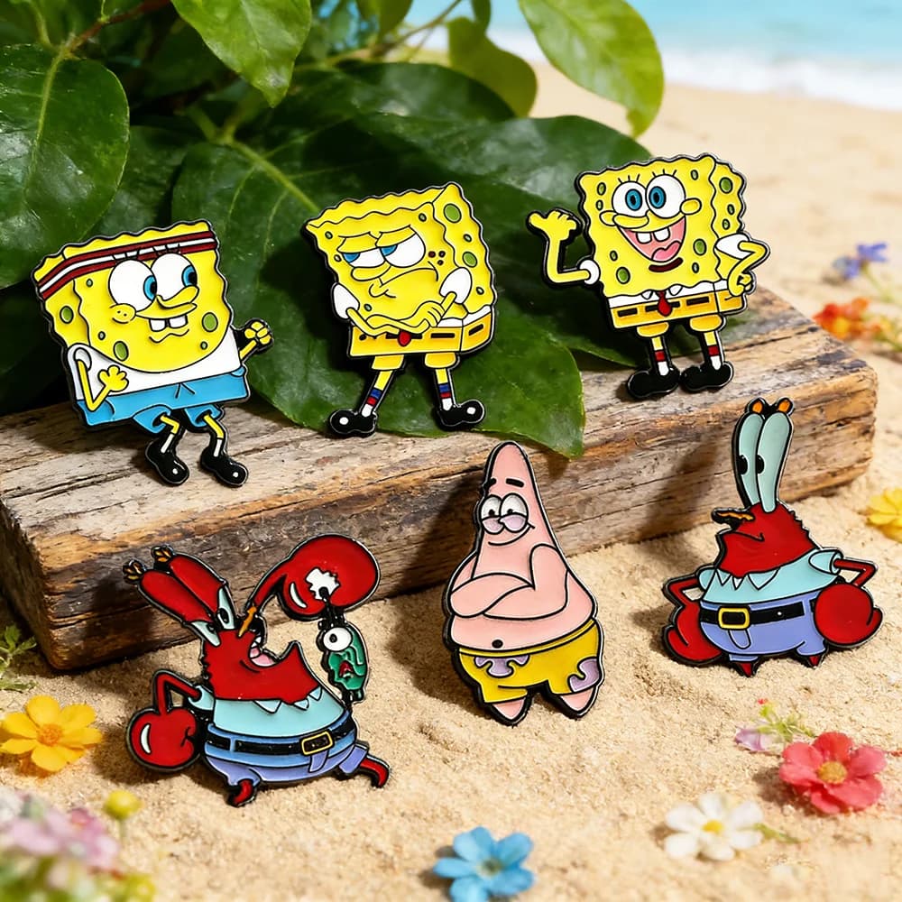 Set di 6 Spille in Metallo Smaltato Classiche di SpongeBob SquarePants, Cartone Animato, per Zaini e Abbigliamento, Regalo Gioiello