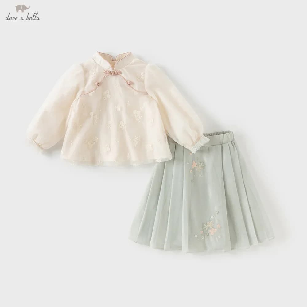 Dave Bella Set mezza gonna in rete per bambini Moda autunnale Dolce carino delicato floreale Ragazze Baby Hanfu Set due pezzi Party DB3252701