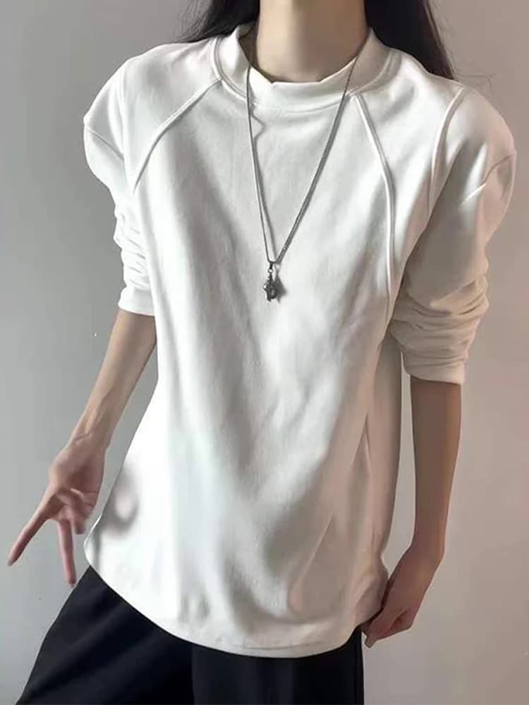 White Double-Sided Velvet Base Shirt Men Women Style Autumn Winter Splicing Long Sleeve T-Shirt CleanFit Inner Wear Hoodie