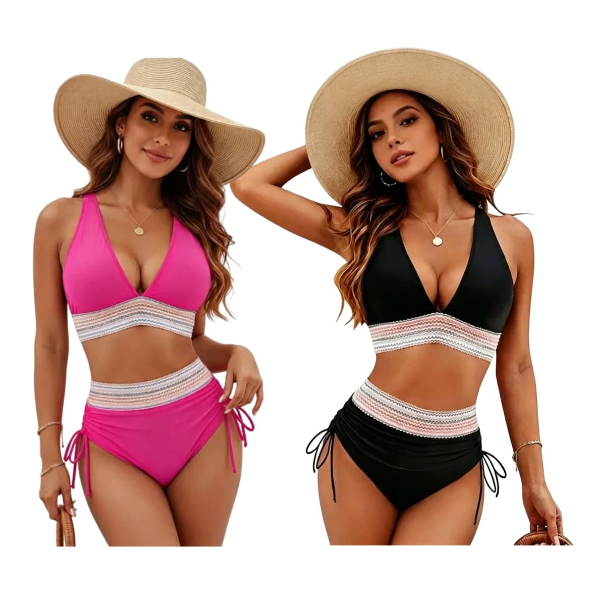 Costume da bagno bikini a vita alta da donna, due pezzi, con scollo all'americana, patchwork a righe colorate, tinta unita, per spiaggia
