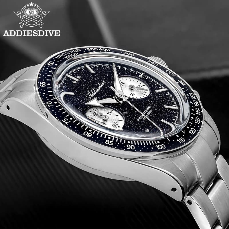 ADDIESDIVE New Men Watch Luxury VK64 Chronograph Quartz Wristwatch Luminous Stainless Steel Domed Glass Watch 100m Waterproof