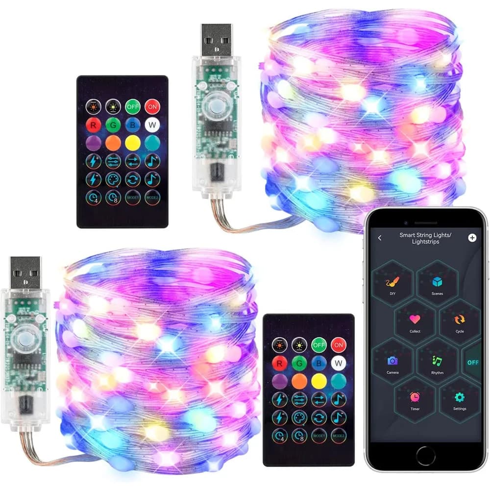 Luci Fatate RGB-IC USB 5V Intelligenti, Decorazioni Natalizie, Lampada a Ghirlanda WS2812, Controllo Bluetooth tramite App e Telecomando, Indirizzabili