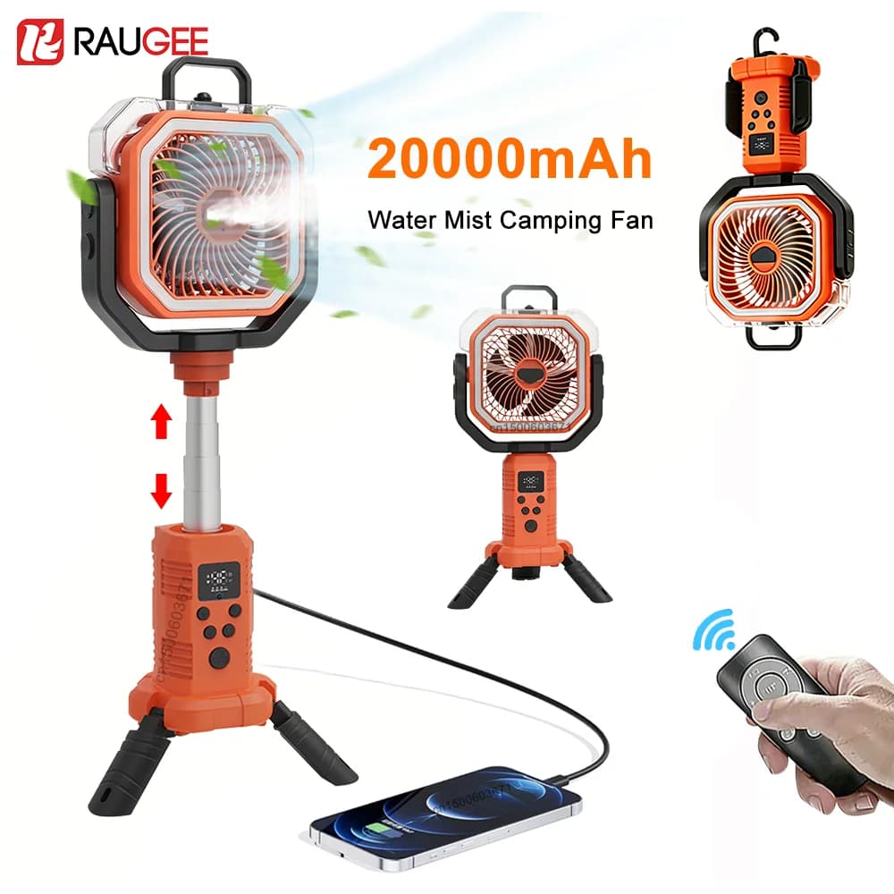 Ventilatore Portatile da Campeggio 20000mAh, Circolatore d'Aria per Tenda con Nebulizzatore, Ventilatore da Soffitto Ricaricabile Wireless con Luce LED