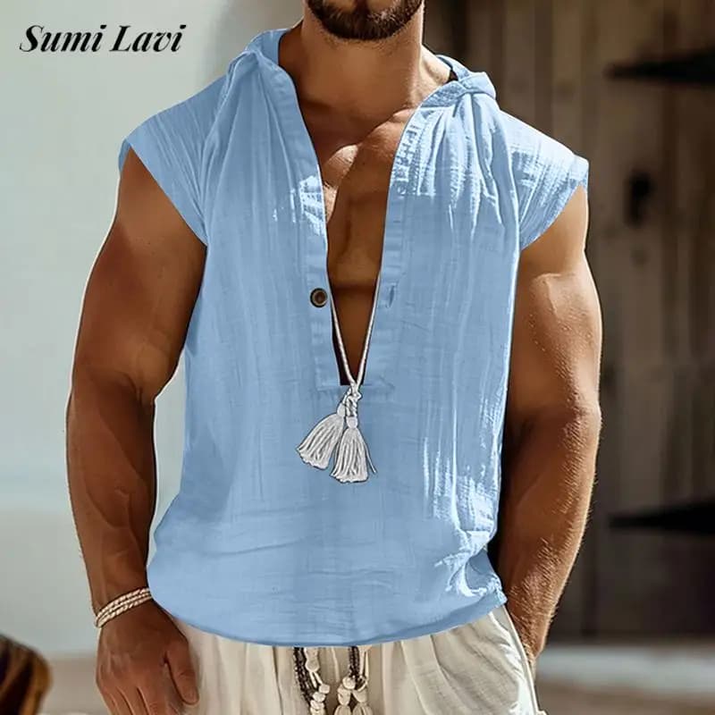 2025 Camicie gilet larghe da uomo per il tempo libero quotidiano estivo Camicie con cappuccio in lino traspirante allentato vintage da uomo Camicia casual con scollo a V in tinta unita
