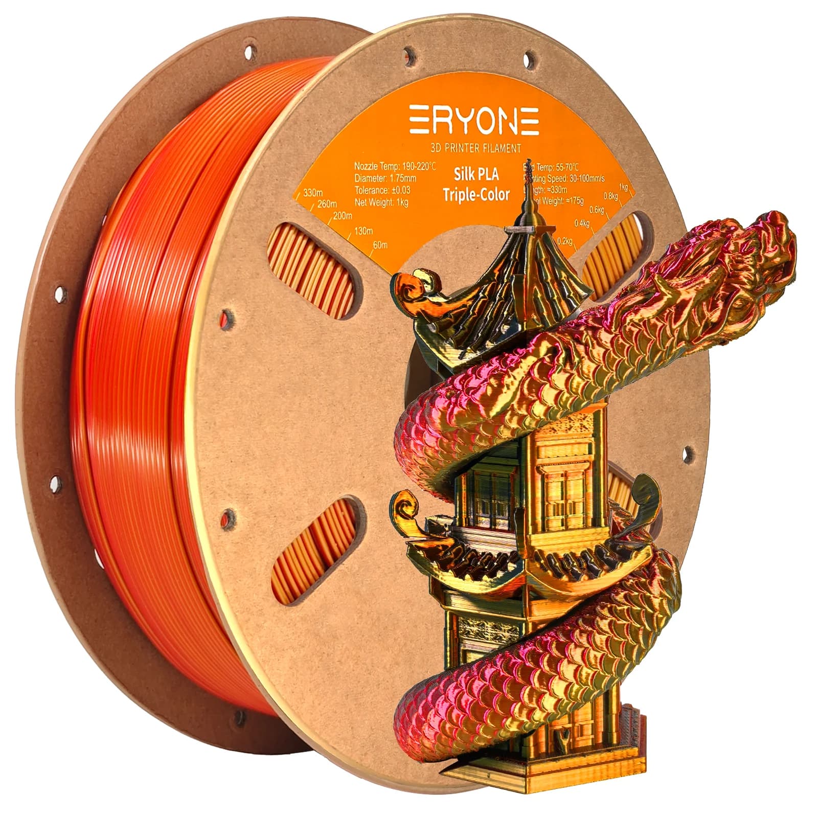 Filamento per Stampante 3D ERYONE 1KG PLA Seta Tricolore 1.75mm, Coestrusione Tricolore Finitura Lucida Setosa, Bobina da 1kg