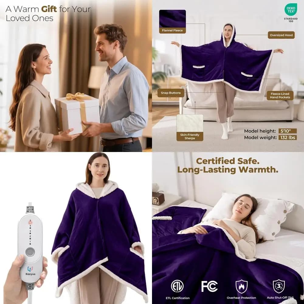 Coperta riscaldata elettrica con cappuccio e tasche, 5 temperature, spegnimento automatico, lavabile, certificata, 56x63, viola