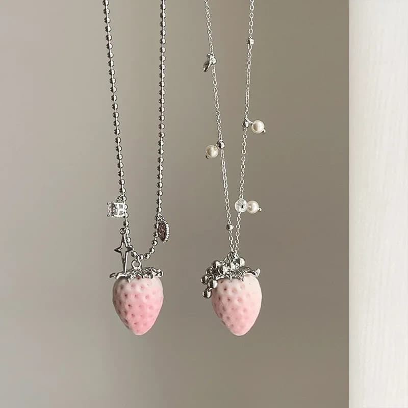Minar New Trendy Pink Gradient Color Plush Velvet Simulated Pearl CZ Zircon Strawberry Star Pendant Necklaces for Women Chokers
