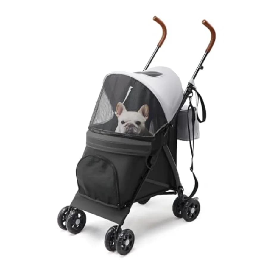 Passeggino per animali domestici da viaggio, ultraleggero (4,5 kg), in poliestere grigio scuro con tracolla resistente, organizer a 3 scomparti
