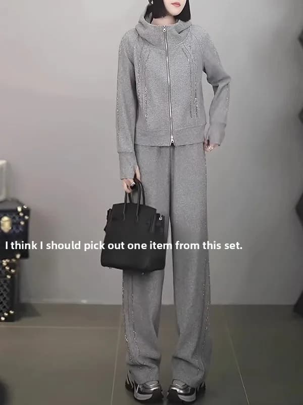 Casual Sportswear Set for Women Gray Hoodie And Wide Leg Pants Two Piece Suite Anti Aging Trendy Autumn Collection