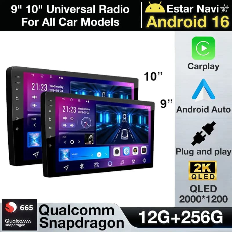 Autoradio Android 16 9''10'' 2 Din Multimedia Video Universale con Carplay GPS per Volkswagen Nissan Hyundai Toyota Honda