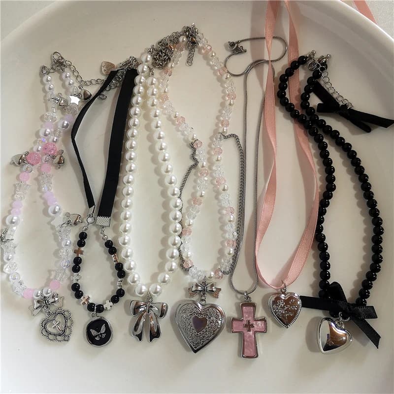 Gothic Cute Y2K Stainless Steel Bow Cross Heart Pink Embossed Pendant Chain Snake Necklace for Egirl 2000 EMO Accessories