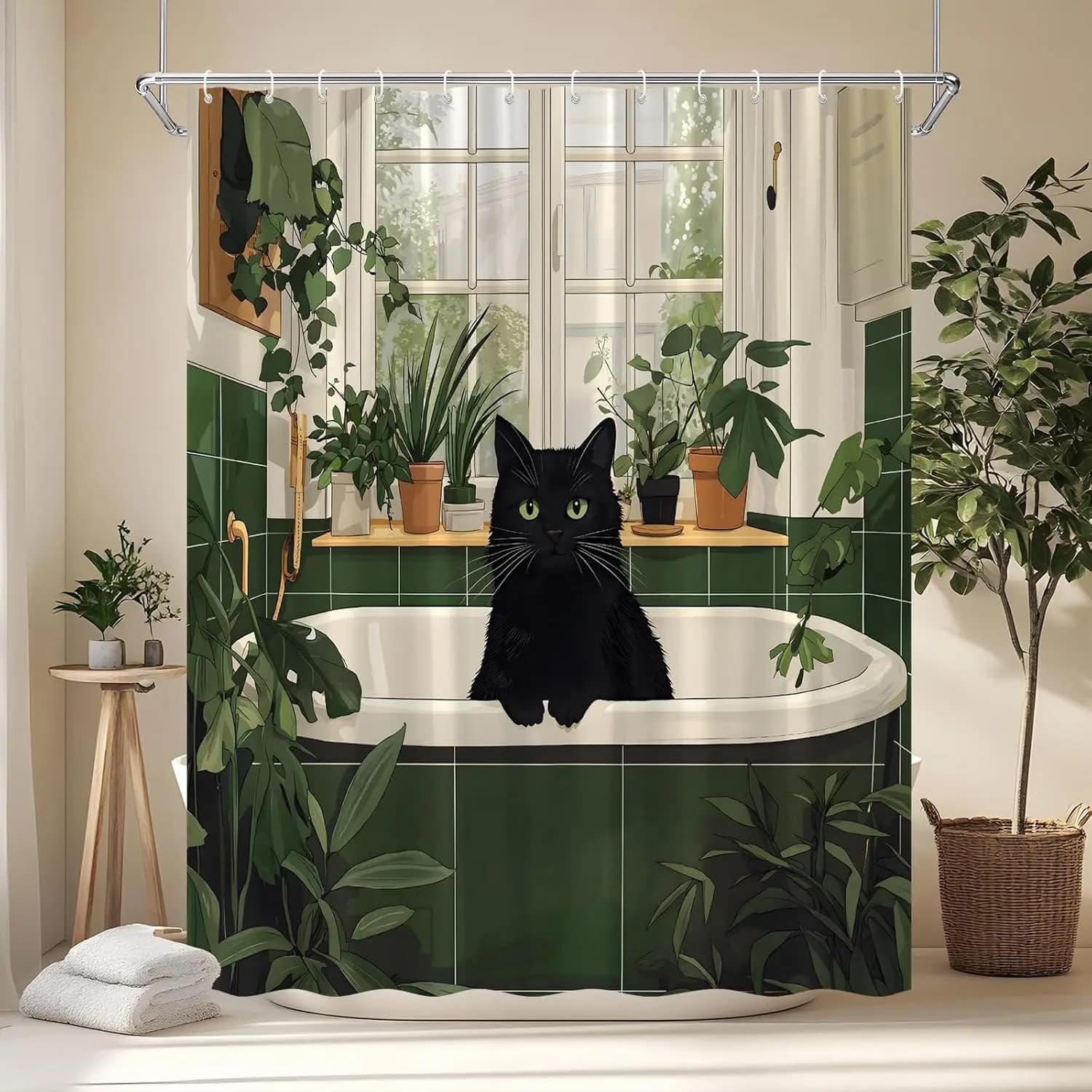 Tenda da doccia per gatti vegetali Gatto nero Simpatico gattino che prende un bagno Piante a foglie verdi Boho Botanicals Estetica moderna della moda