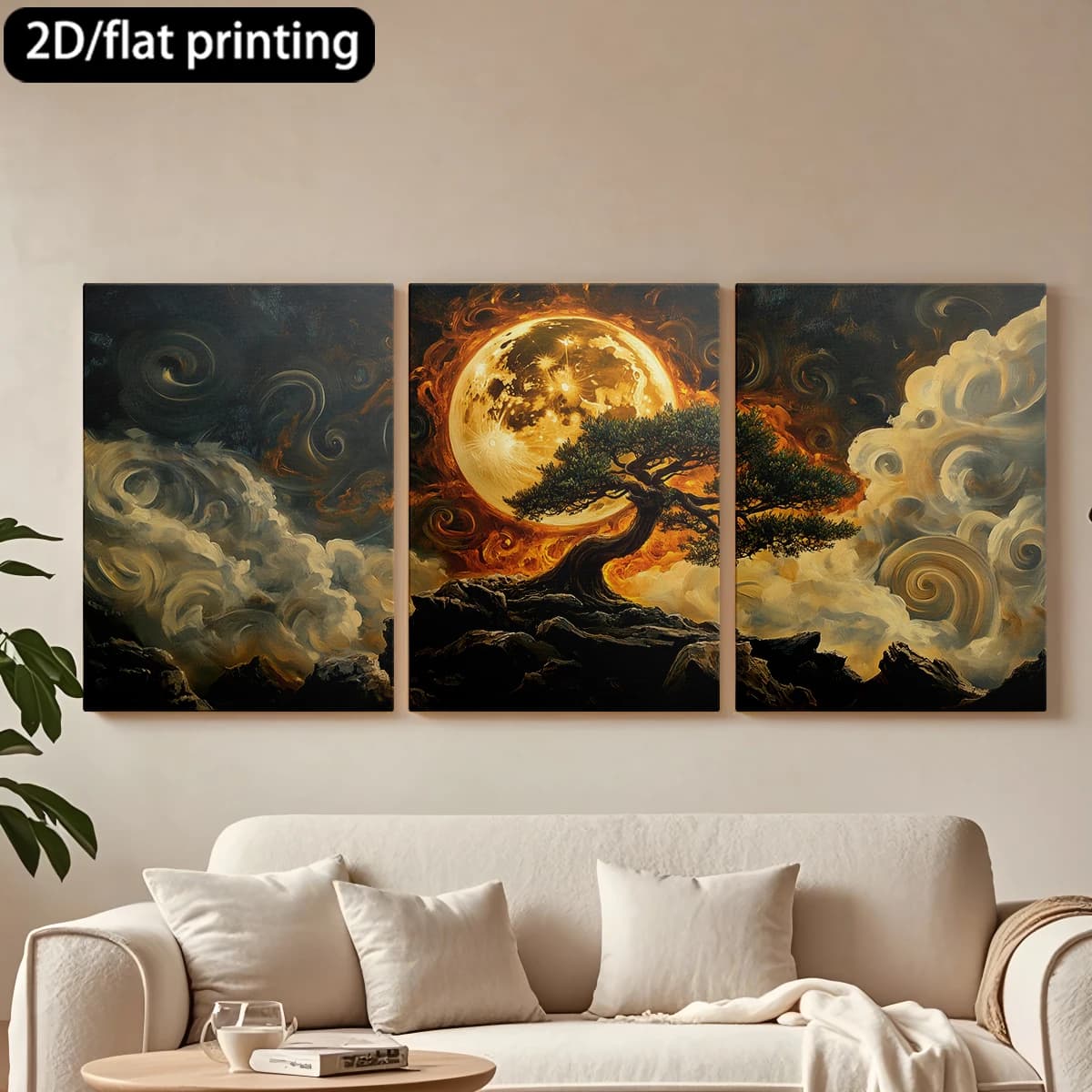 Decorative painting on canvas with wooden frame, 3 pieces. Lovely landscape to the moonlight, majestic tree. Tende per camera da letto ikea.