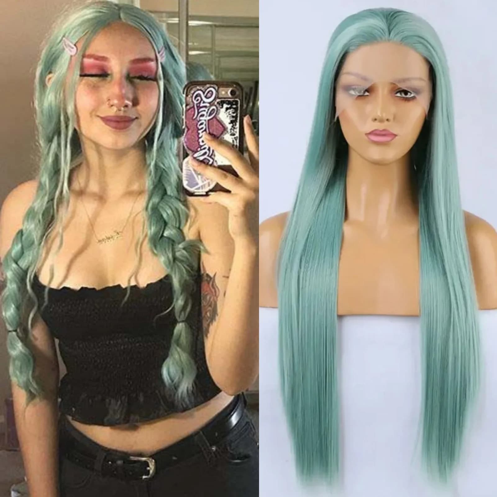 Parrucca verde menta Parrucca anteriore in pizzo sintetico lungo rettilineo Capelli chiari Parrucche frontali in pizzo Glueless colorate per le donne Cosplay del partito