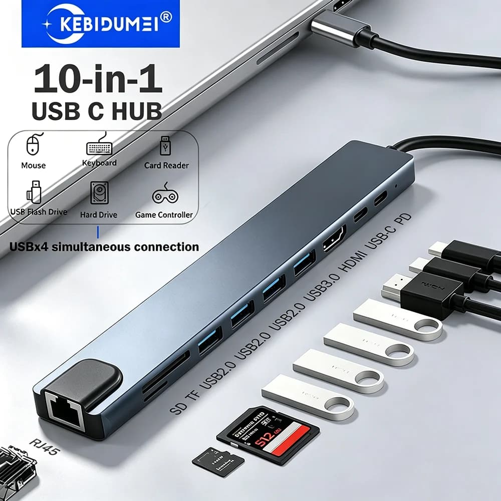 KEBIDUMEI Docking Station USB C 10-in-1 HUB TYPE-C 4K HDMI Ethernet 100Mbps PD 100W 4 porte USB SD TF per Laptop MacBook Pro Air