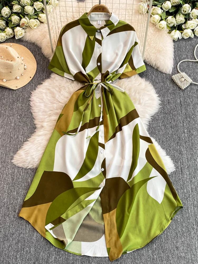 Floral Print Short Sleeve Dress Women's Collar Waist Cinched Design Unique Elegant Long Dress Korean Style Commute
