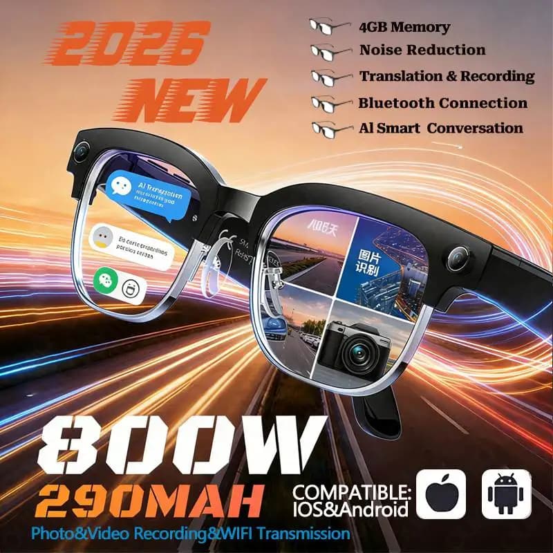 Smart Glasses with Camera 800W, New Technologies 2026, Video Recording, AI Photo Recognition, Bluetooth Calls, Vocal Translation, Sun Glasses