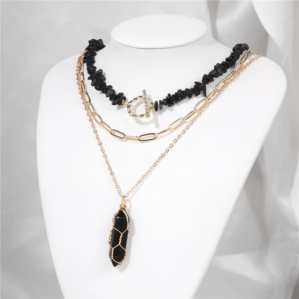 3 pz/set Ossidiana Colonna Esagonale Collane Con Pendente Per Le Donne Pietra Naturale Ghia Chip Perline Collana Pendolo Catena di Gioielli
