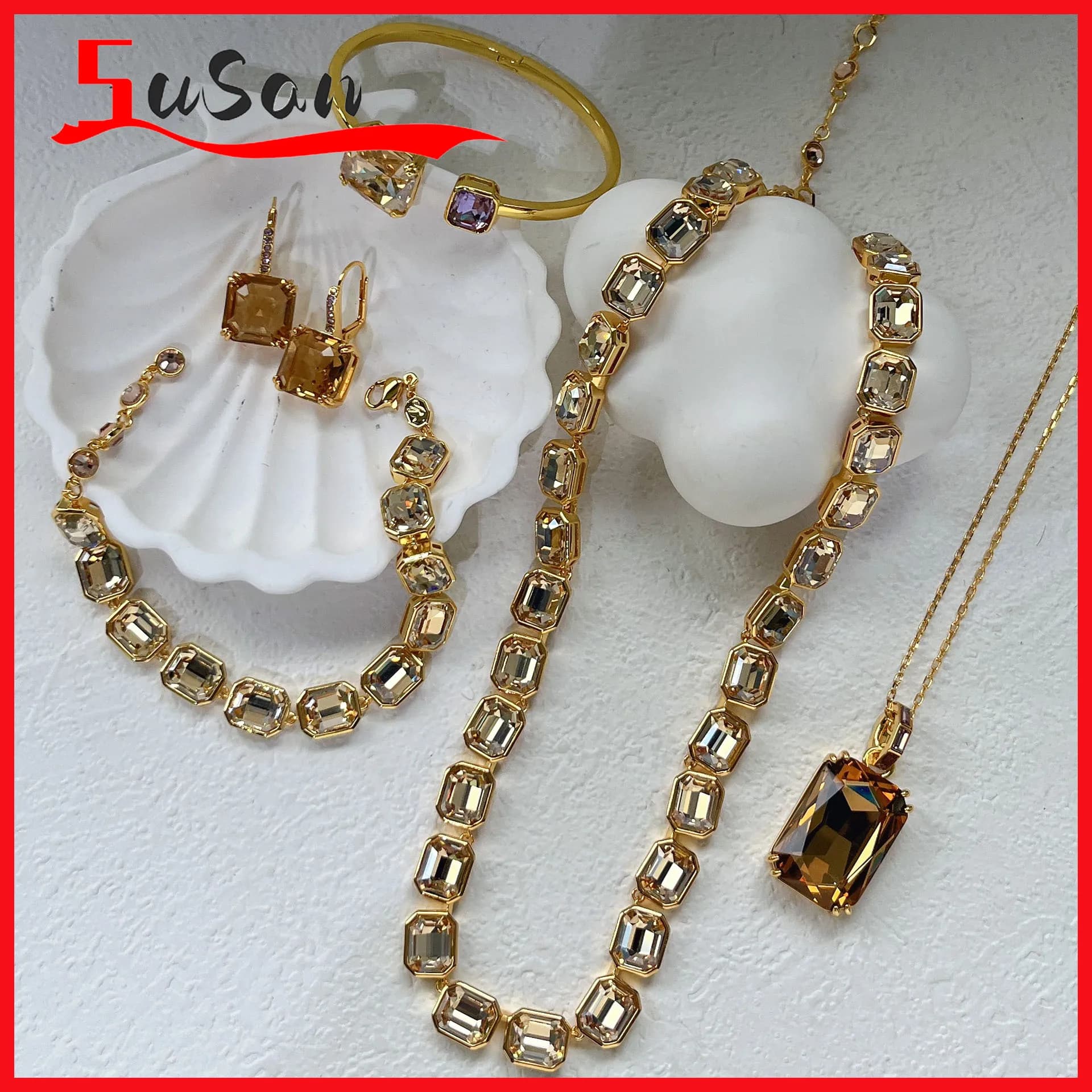 Hot Sales Trend Jewelry Large Crystal Luxury Sets Necklace Earrings Bracelet Ring Gift for Women