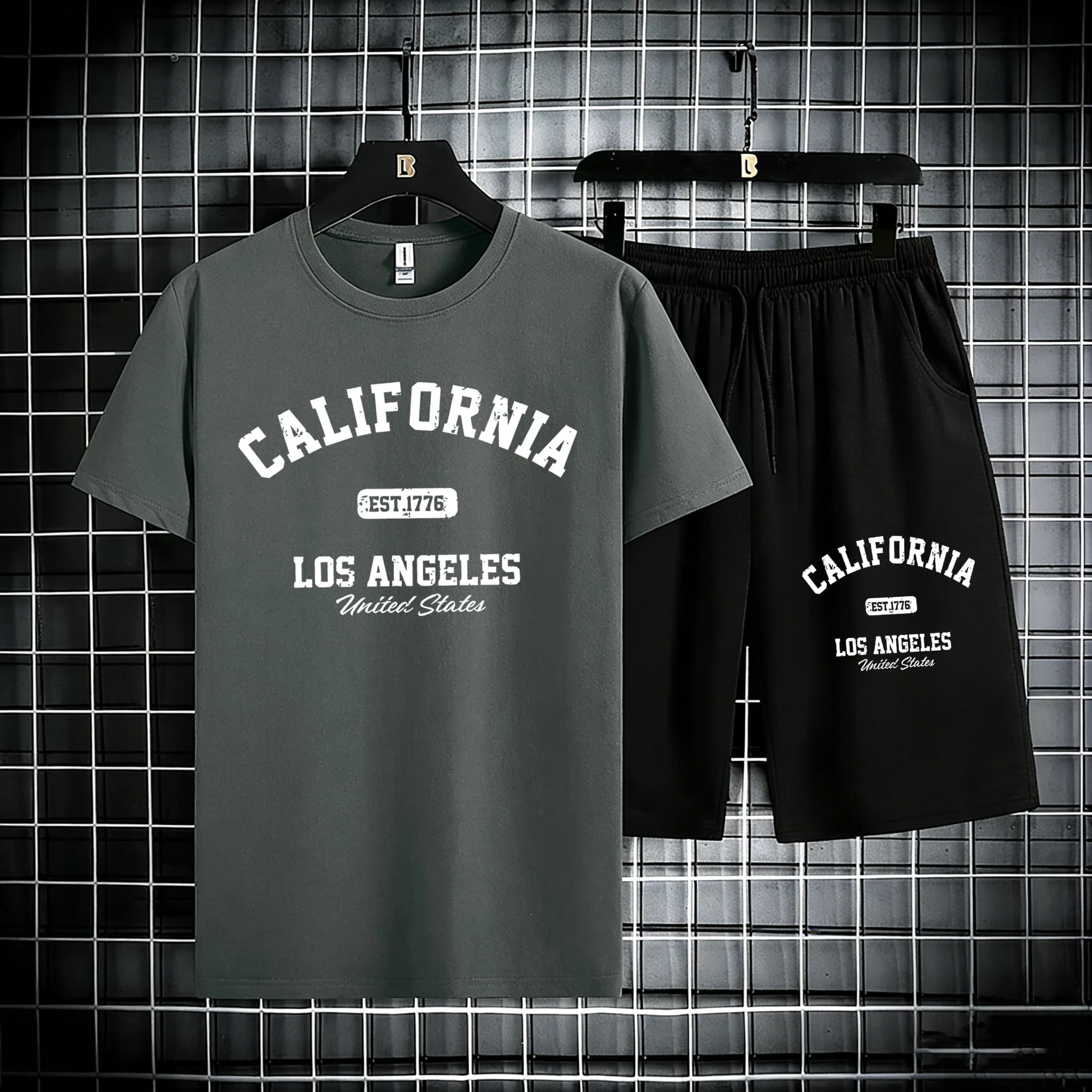 Set Estivo da Uomo in Cotone con Stampa California Los Angeles, T-Shirt e Pantaloncini Sportivi con Coulisse, Nuova Collezione Manica Corta