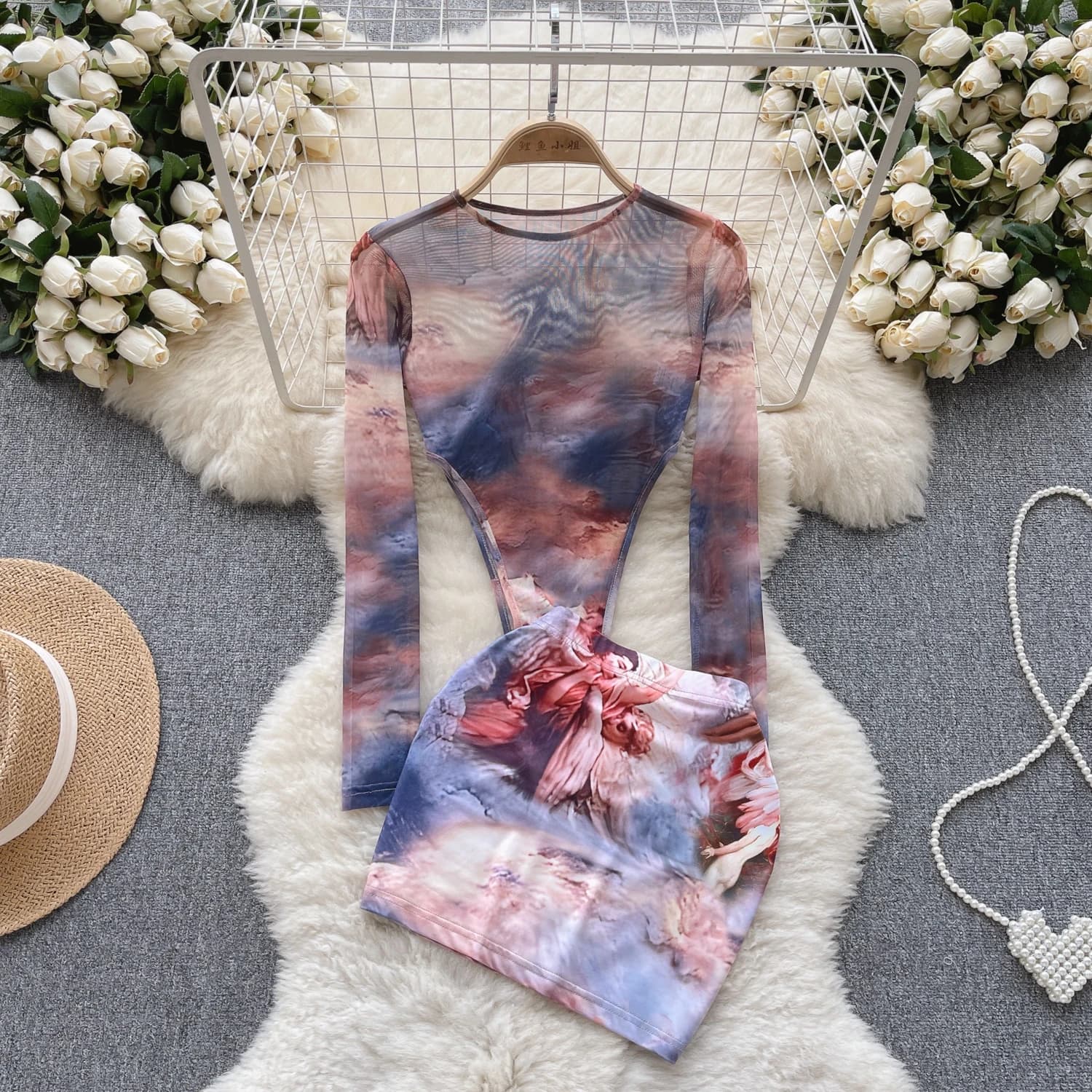 Hotsweet Mesh Vintage Long Sleeve Chic Bodysuit Jumpsuit Top Slim High Waist Pencil Short Skirt Top Sexy High Street Summer Sets
