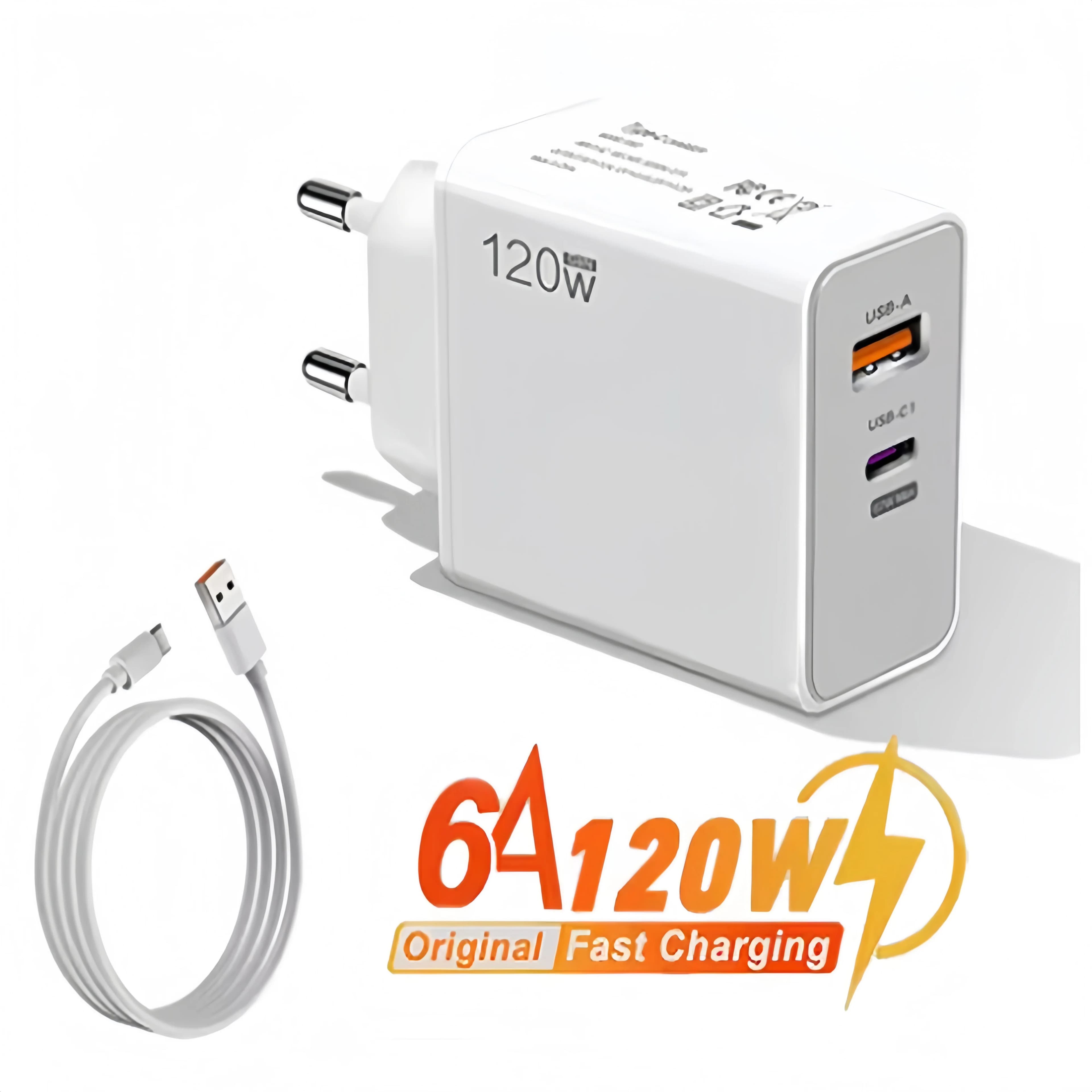 Adattatore Caricabatterie Rapido USB/Type C 3.0 120W PD GaN per iPhone 16 15 Samsung Xiaomi e Telefoni USB C con Cavo di Ricarica