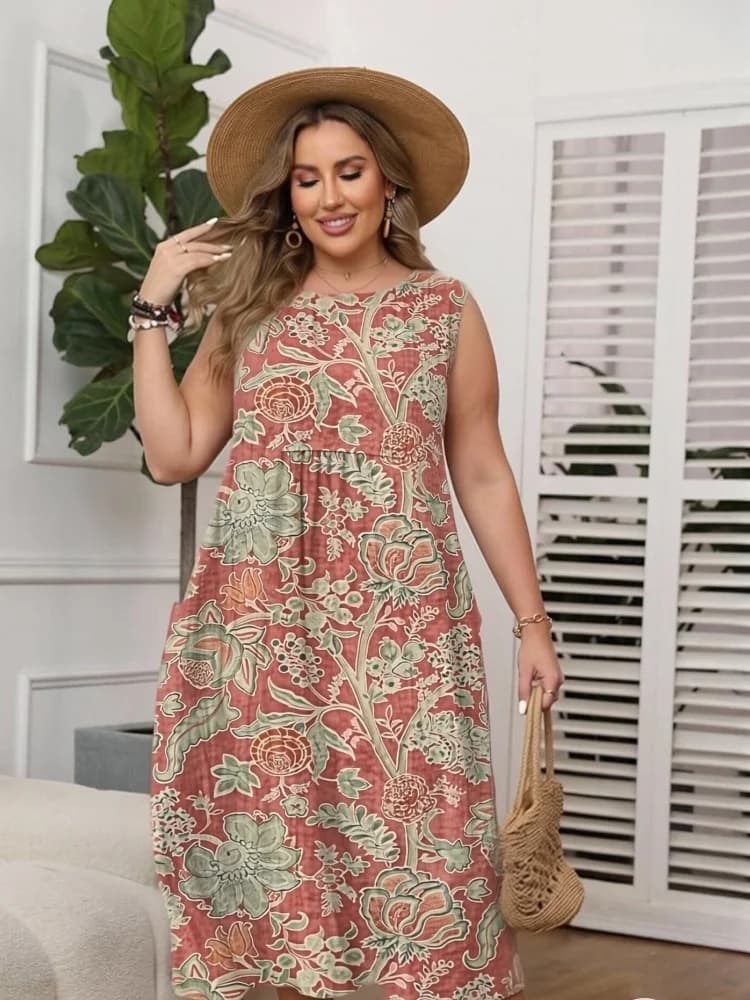 Abito Midi Floreale Vintage Taglie Forti da Donna, Estivo Senza Maniche, Casual, Sciancrato, con Scollo Rotondo, Chic per Vacanze