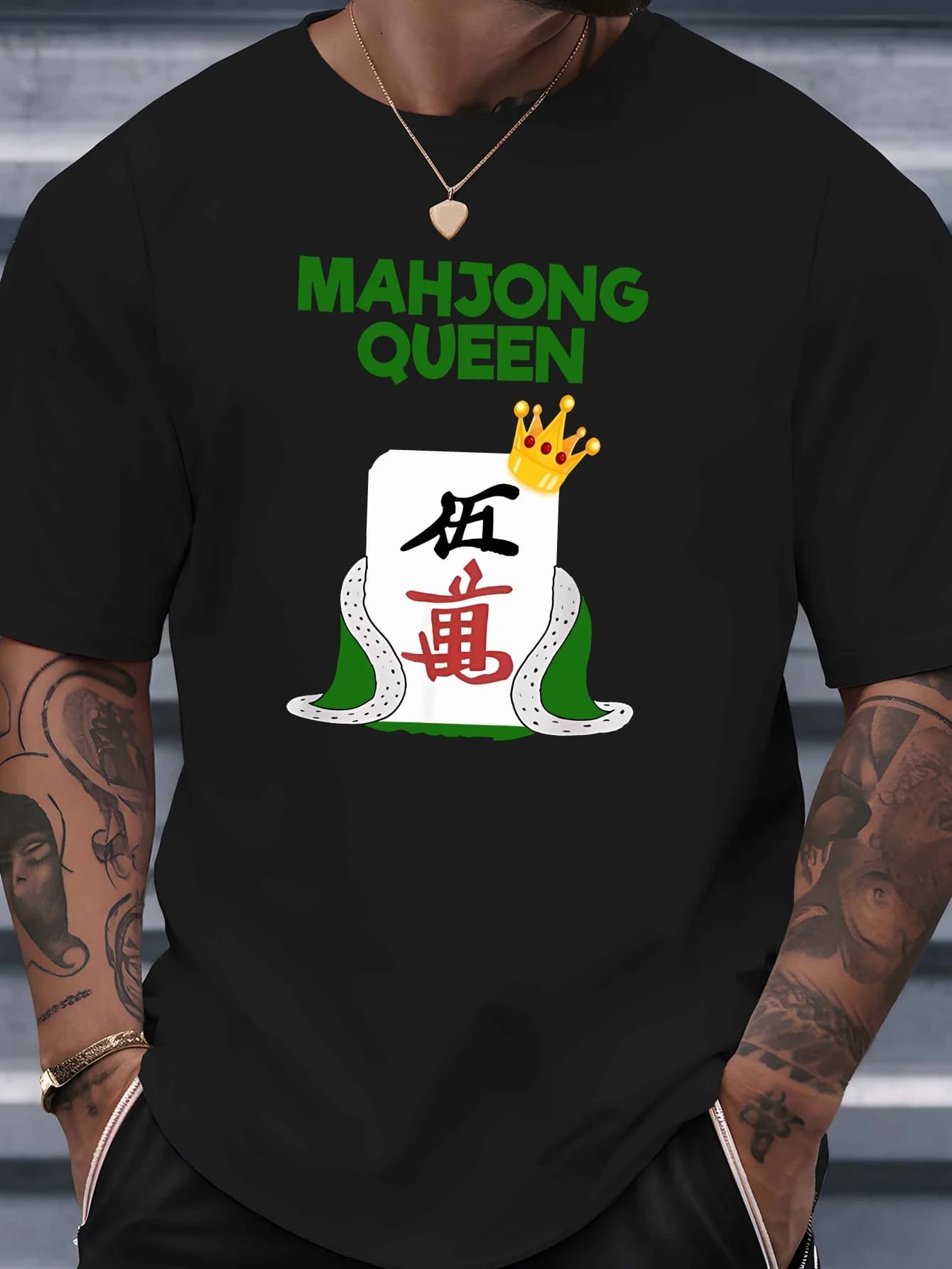 Mahjong Queen Mens Crew Neck T Shirt Five Wan Mahjong Tile Crown Robe Game Graphic Short Sleeve Casual Street Tops