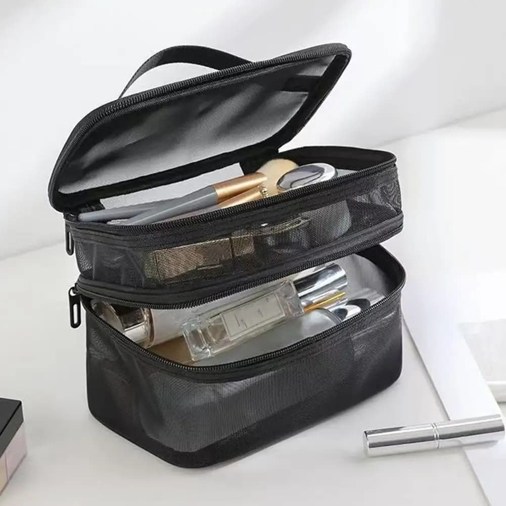 Double Layer Mesh Makeup Bag, Wash Bag, Women's Portable New Large Capacity Storage Bag, Cosmetics Storage Bag