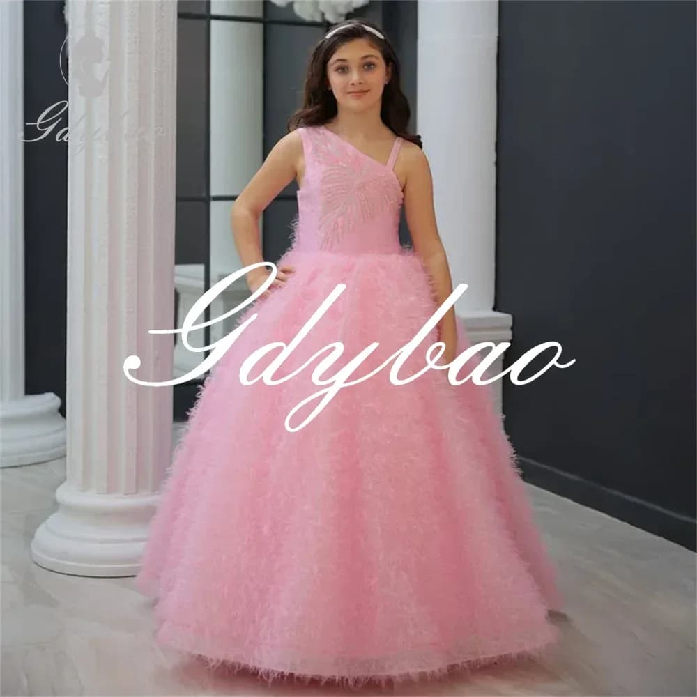 Piume di lusso Cristalli di lusso Una linea Elegante abito formale da ragazza di fiori Abito lungo da prima comunione senza maniche personalizzato