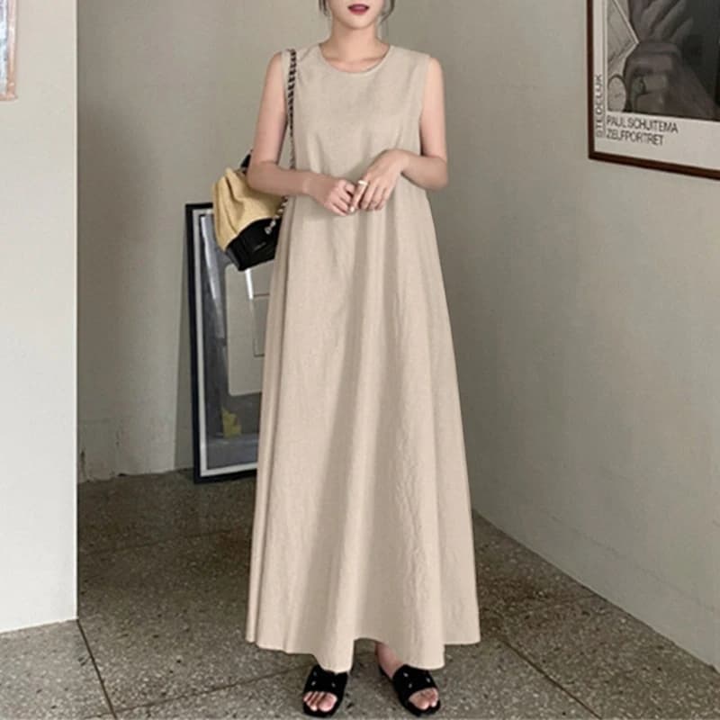 Abito casual estivo di grandi dimensioni in cotone e lino da donna tasca allentata girocollo temperamento senza maniche pendolo abito tinta unita