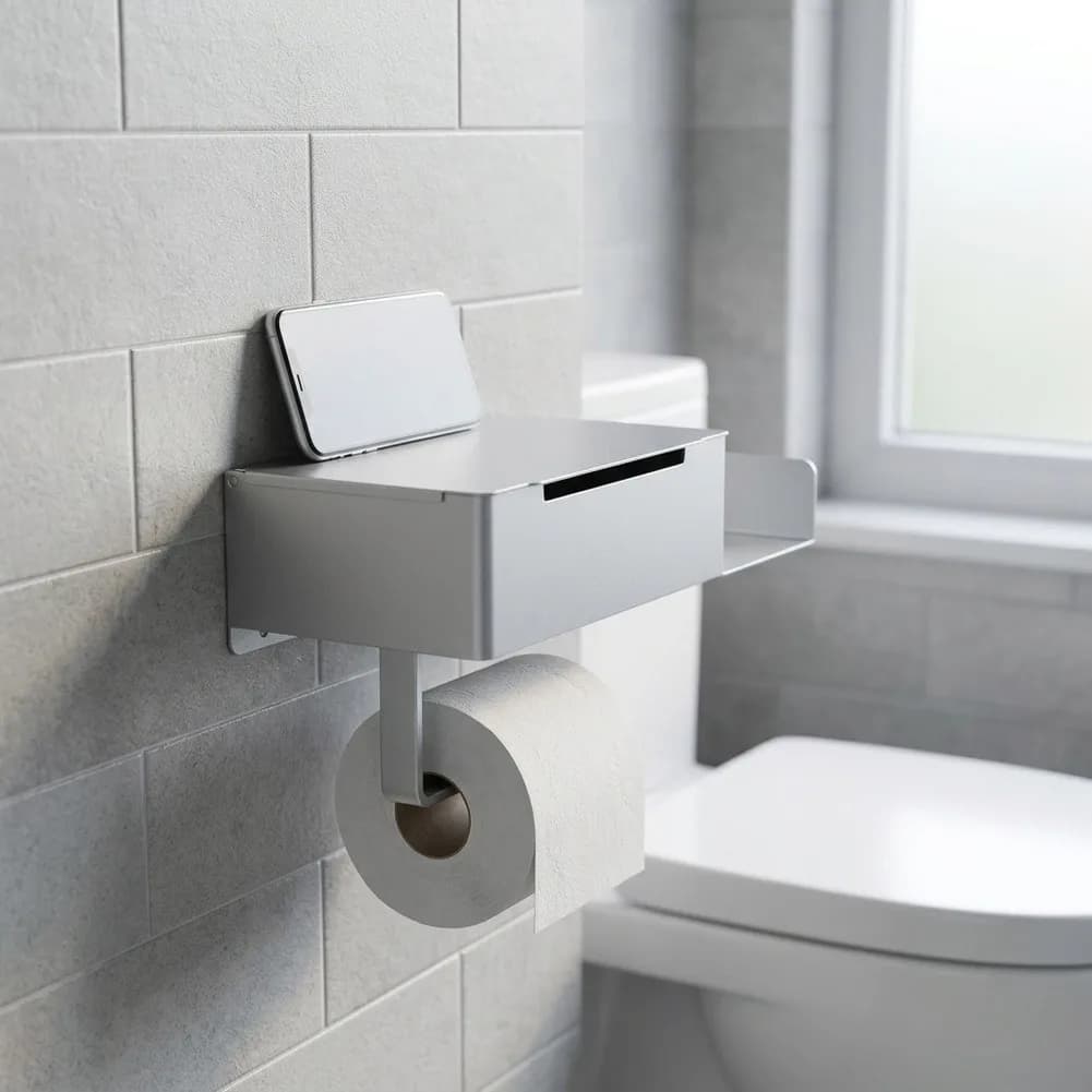 1 Piece White Carbon Steel Toilet Paper Holder With Shelf For Wet Wipes Phone Storage Wall Mount Bathroom Organizer Rack
